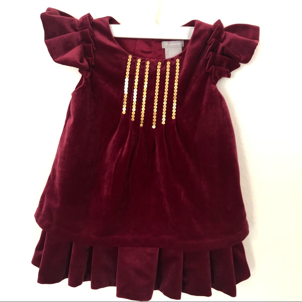 Tahari 3T Dark Red Maroon Burgundy Velvet Gold Sequin Pleated Dress